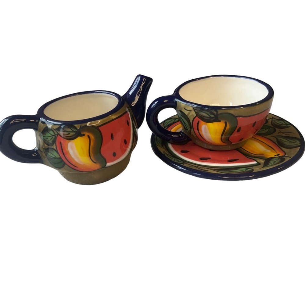 Bello Hugerz Hand Painted Tea set Ceramic 3 Pieces Colorful Fruits El Salvador C - Picture 1 of 10